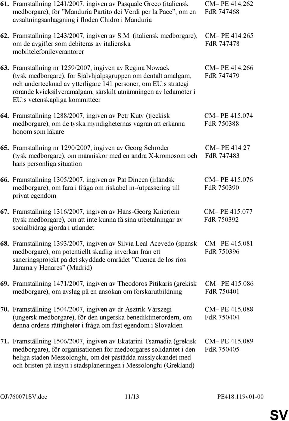 Framställning nr 1259/2007, ingiven av Regina Nowack (tysk medborgare), för Självhjälpsgruppen om dentalt amalgam, och undertecknad av ytterligare 141 personer, om EU:s strategi rörande