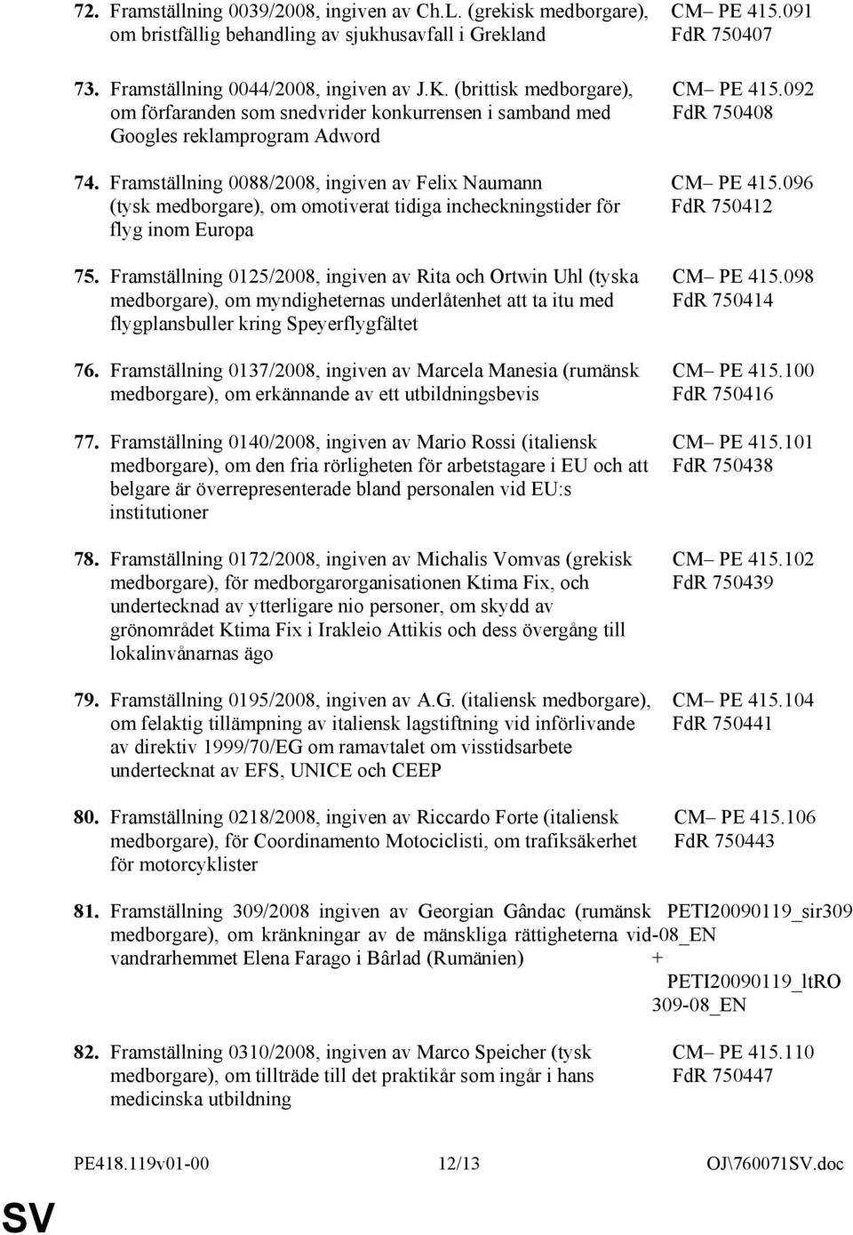 Framställning 0088/2008, ingiven av Felix Naumann (tysk medborgare), om omotiverat tidiga incheckningstider för flyg inom Europa 75.