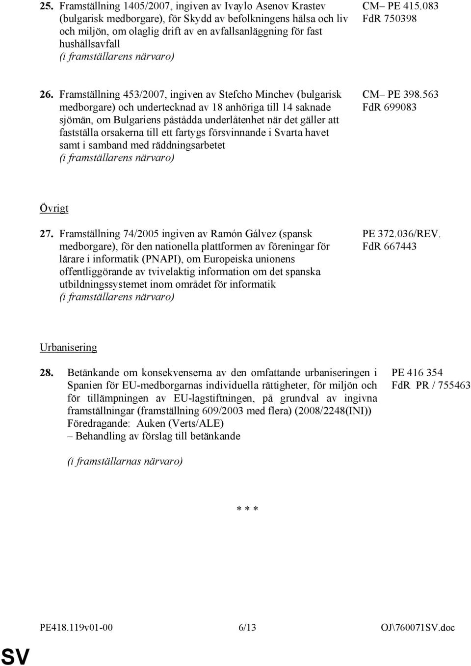 Framställning 453/2007, ingiven av Stefcho Minchev (bulgarisk medborgare) och undertecknad av 18 anhöriga till 14 saknade sjömän, om Bulgariens påstådda underlåtenhet när det gäller att fastställa