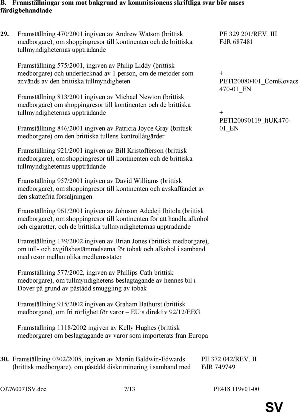 Liddy (brittisk medborgare) och undertecknad av 1 person, om de metoder som används av den brittiska tullmyndigheten Framställning 813/2001 ingiven av Michael Newton (brittisk medborgare) om