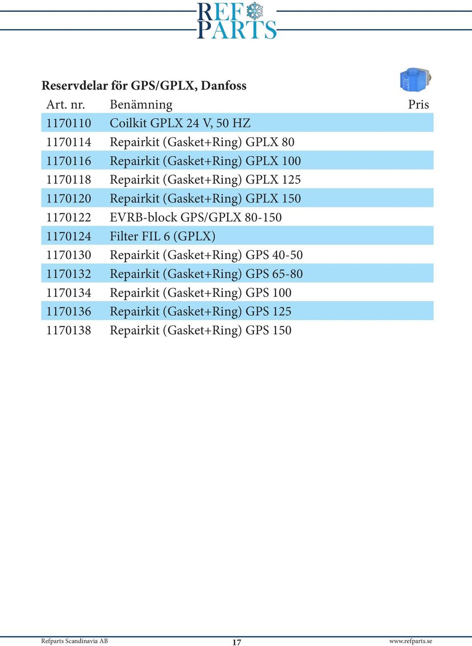 GPS/GPLX 80-150 1170124 Filter FIL 6 (GPLX) 1170130 Repairkit (Gasket+Ring) GPS 40-50 1170132 Repairkit (Gasket+Ring) GPS