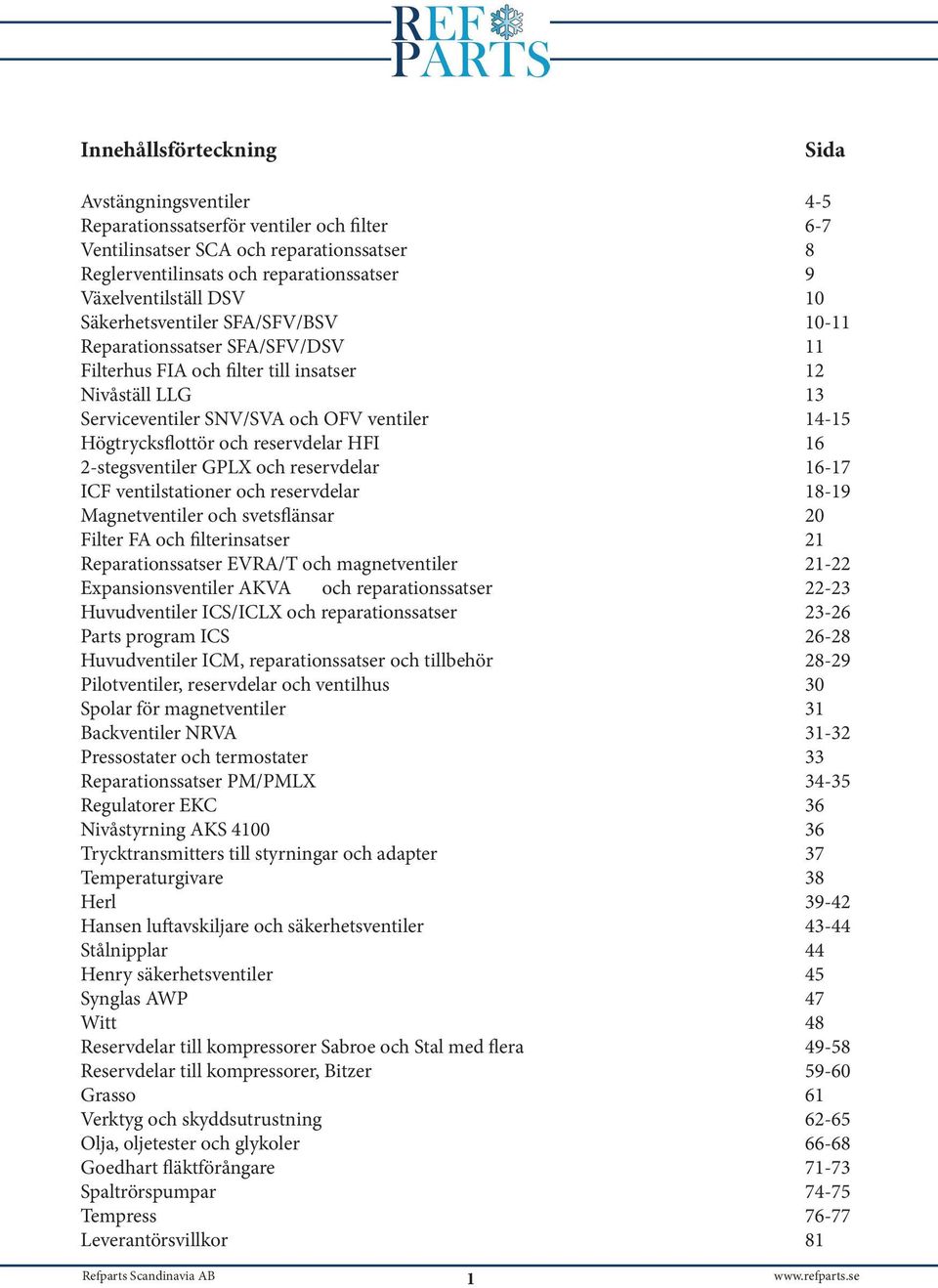 reservdelar HFI 16 2-stegsventiler GPLX och reservdelar 16-17 ICF ventilstationer och reservdelar 18-19 Magnetventiler och svetsflänsar 20 Filter FA och filterinsatser 21 Reparationssatser EVRA/T och