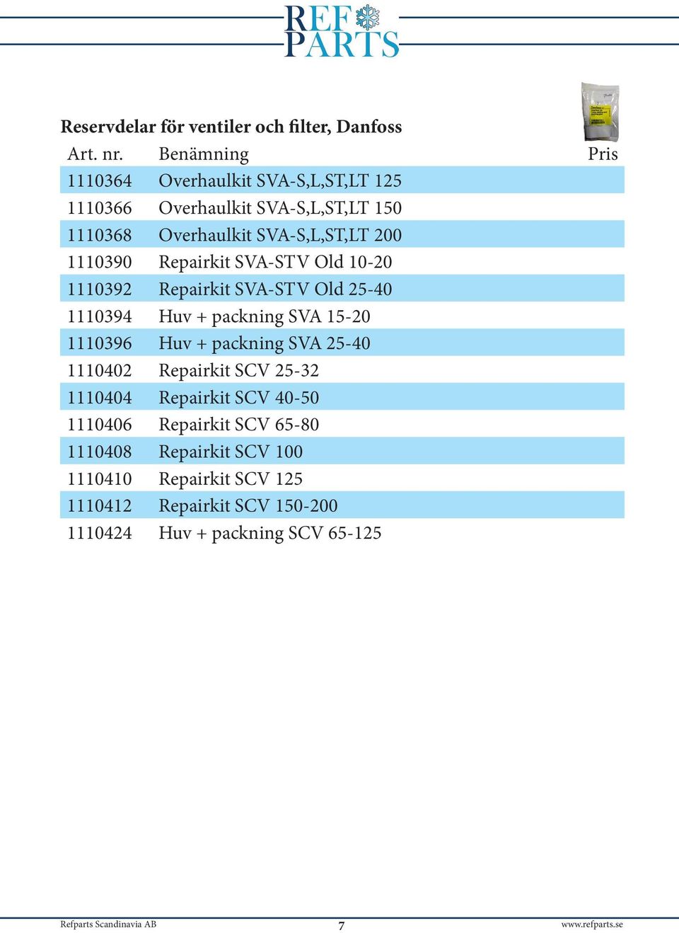 packning 15-20 1110396 Huv + packning 25-40 1110402 Repairkit SCV 25-32 1110404 Repairkit SCV 40-50 1110406 Repairkit