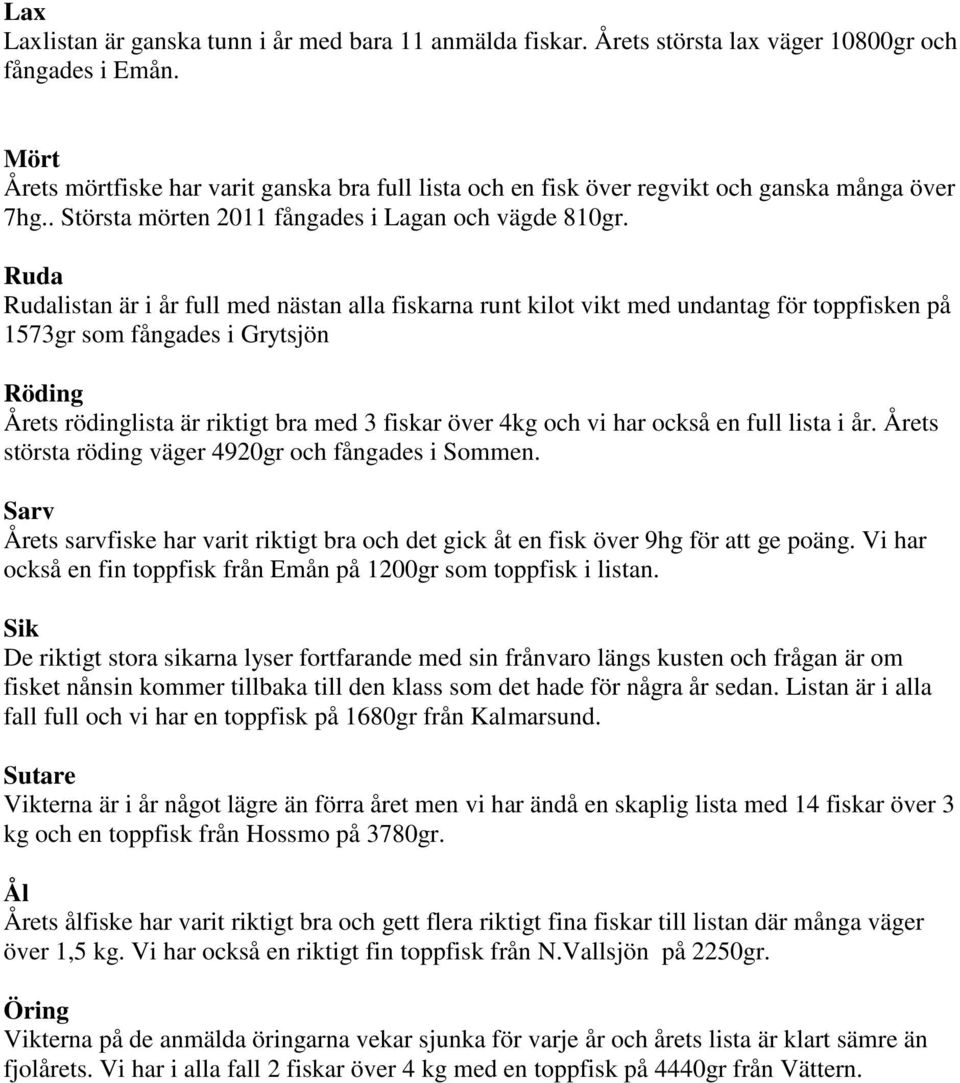 Ruda Rudalistan är i år full med nästan alla fiskarna runt kilot vikt med undantag för toppfisken på 1573gr som fångades i Grytsjön Röding Årets rödinglista är riktigt bra med 3 fiskar över 4kg och