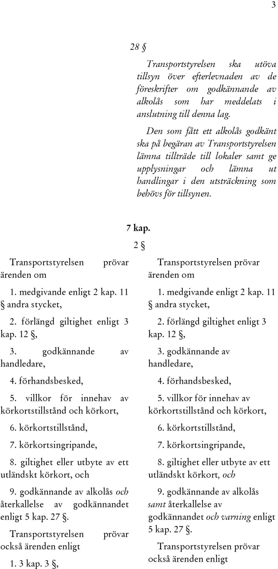 2 Transportstyrelsen ärenden om prövar 1. medgivande enligt 2 kap. 11 andra stycket, 2. förlängd giltighet enligt 3 kap. 12, 3. godkännande av handledare, 4. förhandsbesked, 5.