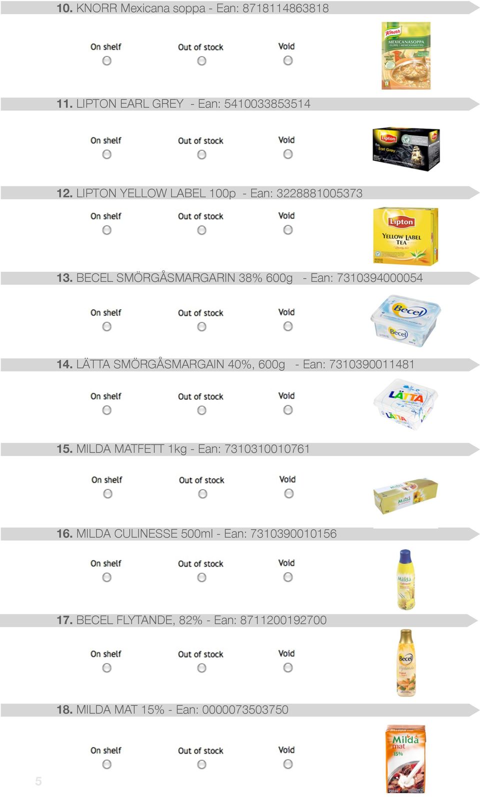 LÄTTA SMÖRGÅSMARGAIN 40%, 600g - Ean: 7310390011481 15. MILDA MATFETT 1kg - Ean: 7310310010761 16.