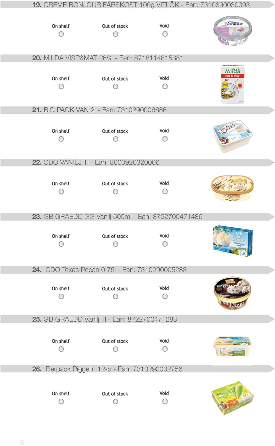 CDO VANILJ 1l - Ean: 8000920320006 23. GB GRAEDD GG Vanilj 500ml - Ean: 8722700471486 24.