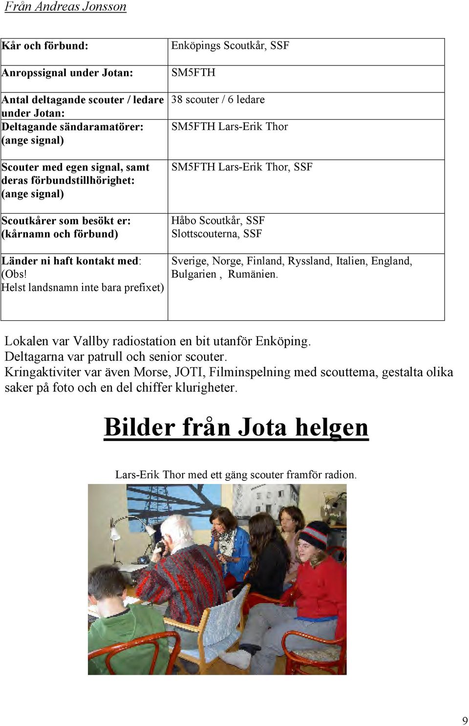 Scoutkår, SSF Slottscouterna, SSF Länder ni haft kontakt med: (Obs! Helst landsnamn inte bara prefixet) Sverige, Norge, Finland, Ryssland, Italien, England, Bulgarien, Rumänien.