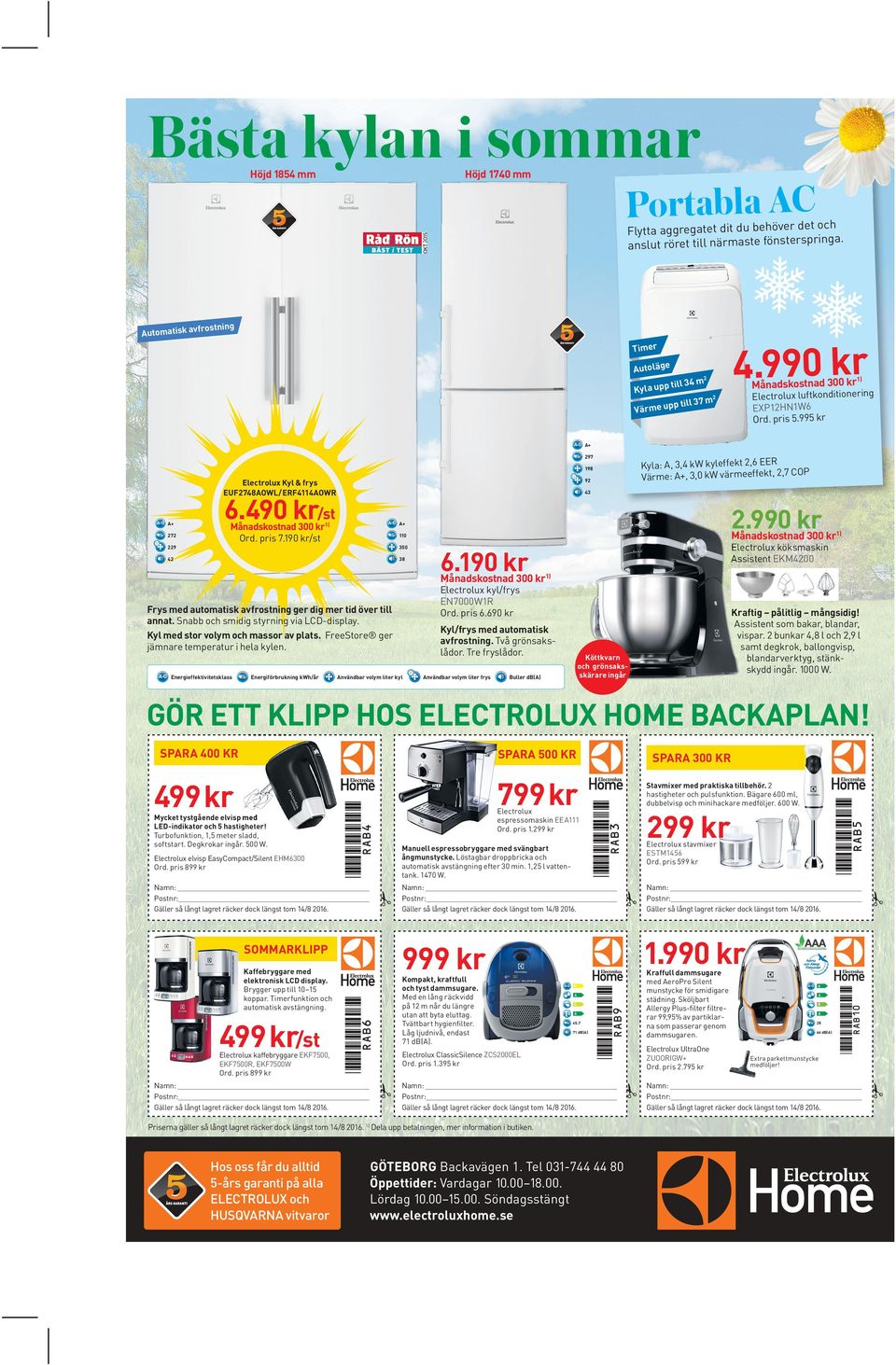 pris 5.995 kr + 297 Kyla:, 3,4 kw kyleffekt 2,6 EER COP Värme: +, 3,0 kw värmeeffekt, 2,7 198 92 Electrolux Kyl & frys EUF2748OWL/ ERF4114OWR + 272 6.490 kr/st Månadskostnad 300 kr1) Ord. pris 7.