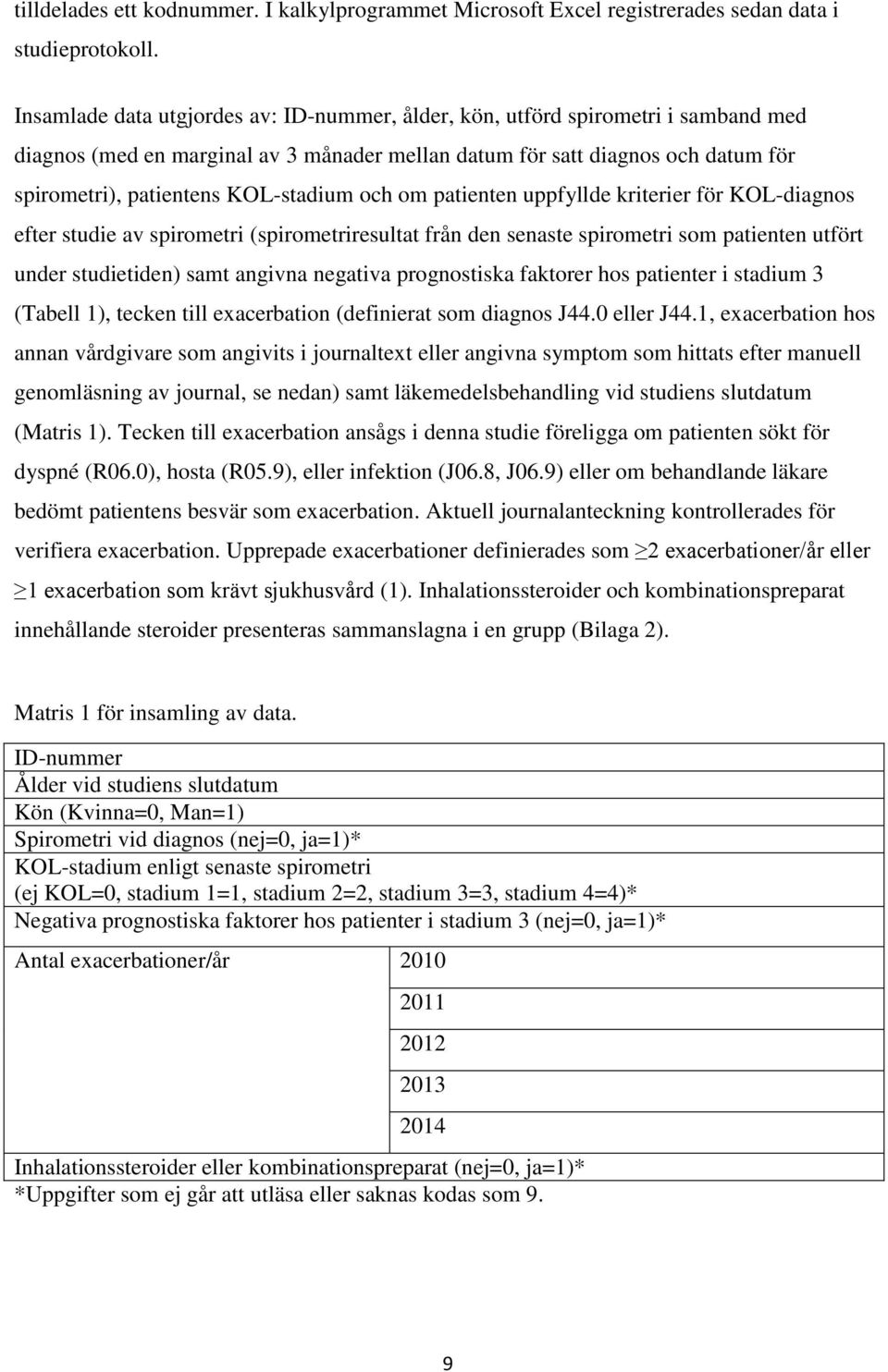 KOL-stadium och om patienten uppfyllde kriterier för KOL-diagnos efter studie av spirometri (spirometriresultat från den senaste spirometri som patienten utfört under studietiden) samt angivna