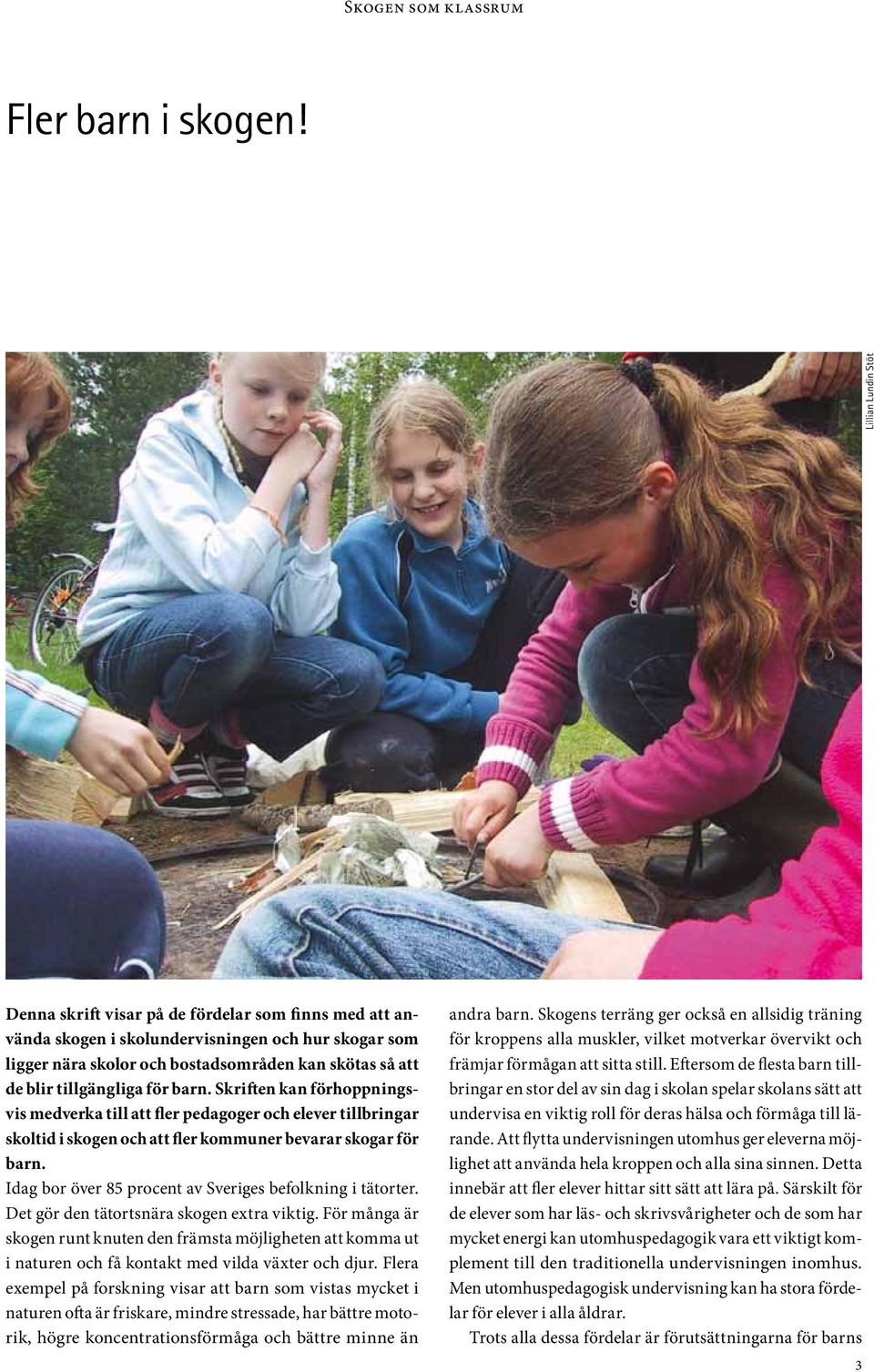 tillgängliga för barn. Skriften kan förhoppningsvis medverka till att fler pedagoger och elever tillbringar skoltid i skogen och att fler kommuner bevarar skogar för barn.
