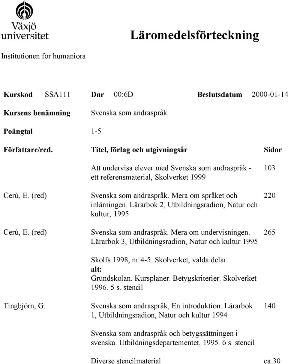 Lärarbok 2, Utbildningsradion, Natur och kultur, 1995 Svenska som andraspråk. Mera om undervisningen. Lärarbok 3, Utbildningsradion, Natur och kultur 1995 Skolfs 1998, nr 4-5.