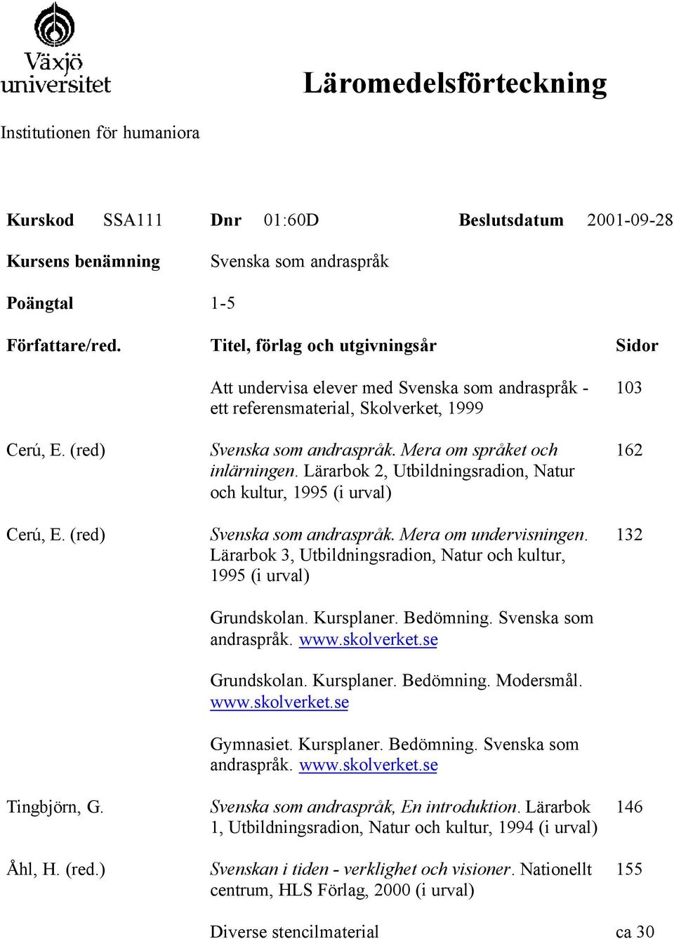 Mera om språket och inlärningen. Lärarbok 2, Utbildningsradion, Natur och kultur, 1995 (i urval) Svenska som andraspråk. Mera om undervisningen.