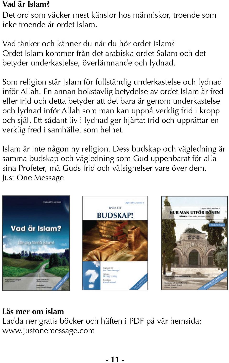 En annan bokstavlig betydelse av ordet Islam är fred eller frid och detta betyder att det bara är genom underkastelse och lydnad inför Allah som man kan uppnå verklig frid i kropp och själ.