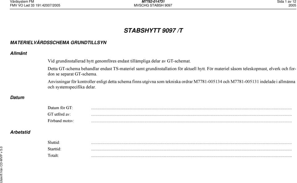 För materiel såsom teleskopmast, elverk och fordon se separat GT-schema.