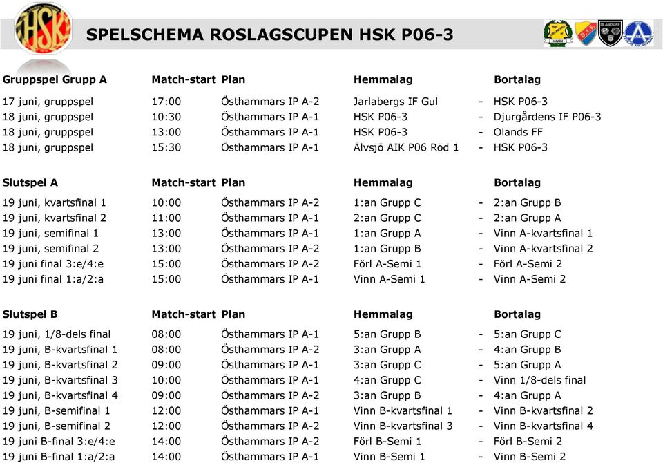 Match-start Plan Hemmalag Bortalag 19 juni, kvartsfinal 1 10:00 Östhammars IP A-2 1:an Grupp C - 2:an Grupp B 19 juni, kvartsfinal 2 11:00 Östhammars IP A-1 2:an Grupp C - 2:an Grupp A 19 juni,