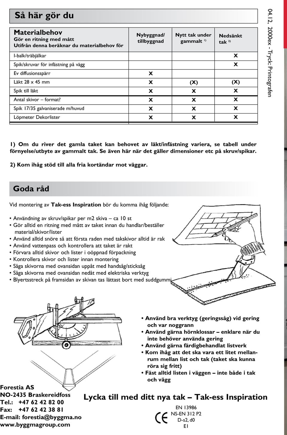 12, 2000ex - Tryck: Printografen Spik 17/35 galvaniserade m/huvud Löpmeter Dekorlister 1) Om du river det gamla taket kan behovet av läkt/infästning variera, se tabell under förnyelse/utbyte av