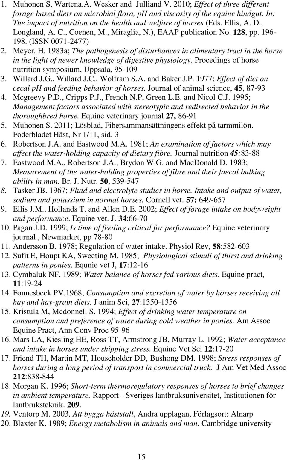 1983a; The pathogenesis of disturbances in alimentary tract in the horse in the light of newer knowledge of digestive physiology. Procedings of horse nutrition symposium, Uppsala, 95-109 3. Willard J.