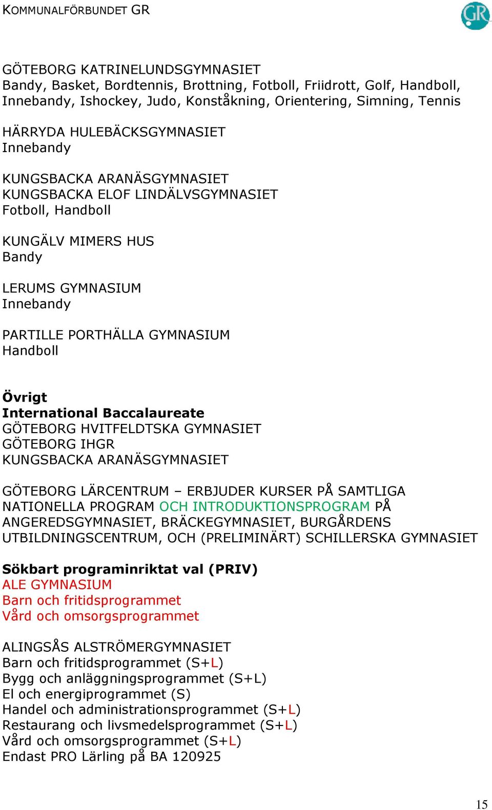 INTRODUKTIONSPROGRAM PÅ ANGEREDSGYMNASIET, BRÄCKEGYMNASIET, BURGÅRDENS UTBILDNINGSCENTRUM, OCH (PRELIMINÄRT) SCHILLERSKA GYMNASIET Sökbart programinriktat val (PRIV) Barn och fritidsprogrammet Vård