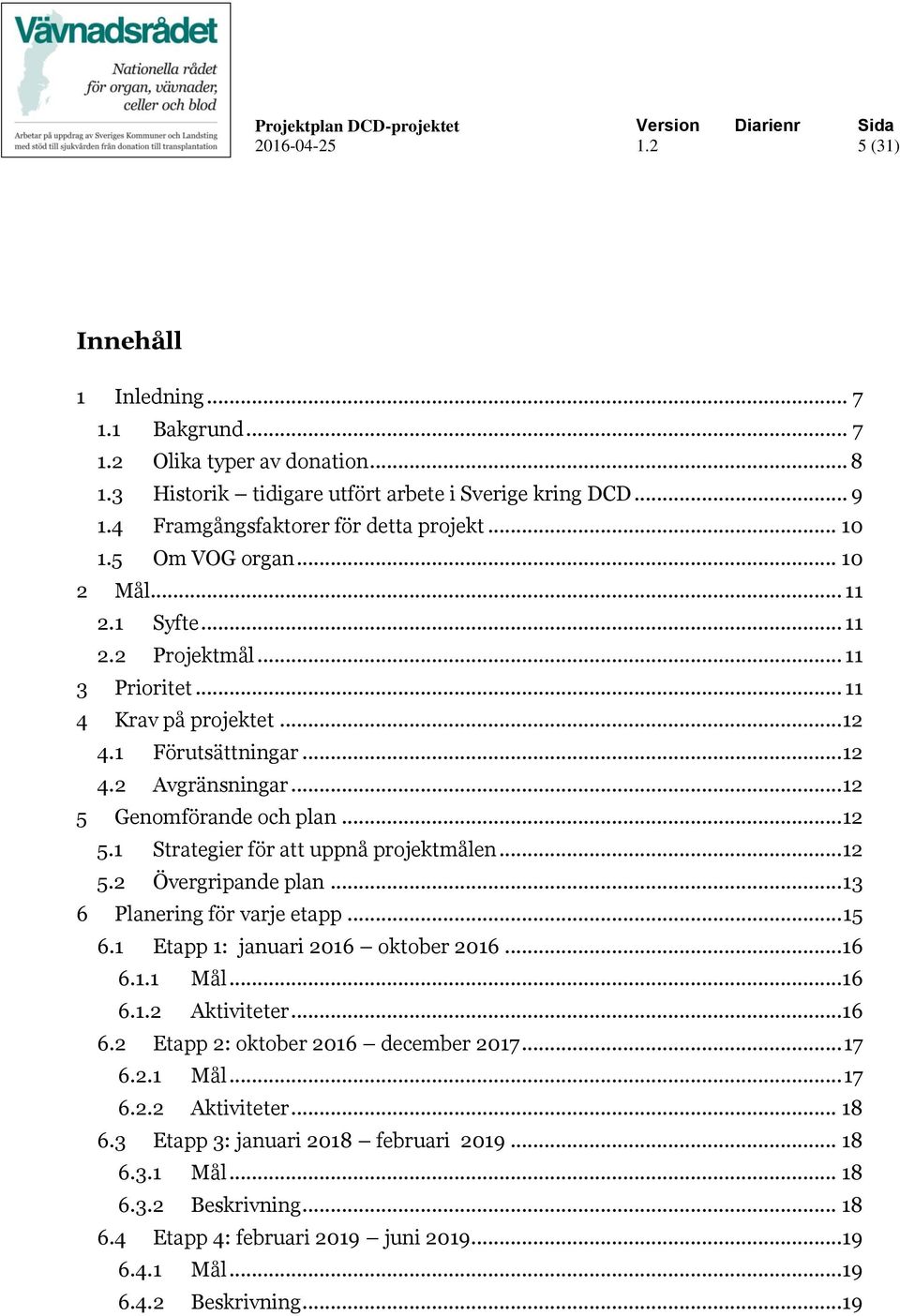 Genomförande och plan... 12 5.1 Strategier för att uppnå projektmålen... 12 5.2 Övergripande plan... 13 6 Planering för varje etapp... 15 6.1 Etapp 1: januari 2016 oktober 2016...16 6.1.1 Mål...16 6. Aktiviteter.