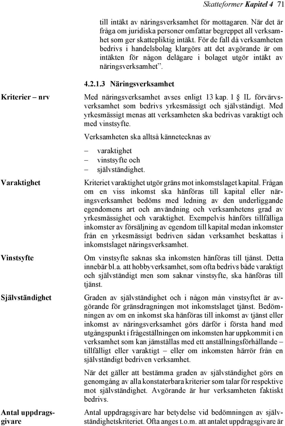 Kriterier nrv Varaktighet Vinstsyfte Självständighet Antal uppdragsgivare 4.2.1.3 Näringsverksamhet Med näringsverksamhet avses enligt 13 kap.