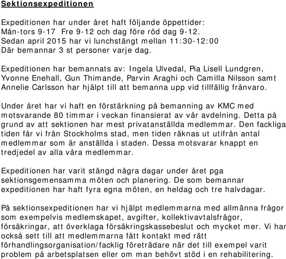 Expeditionen har bemannats av: Ingela Ulvedal, Pia Lisell Lundgren, Yvonne Enehall, Gun Thimande, Parvin Araghi och Camilla Nilsson samt Annelie Carlsson har hjälpt till att bemanna upp vid