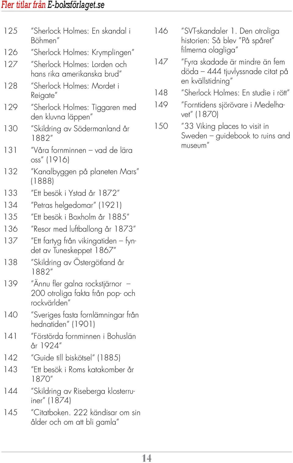 Tiggaren med den kluvna läppen 130 Skildring av Södermanland år 1882 131 Våra fornminnen vad de lära oss (1916) 132 Kanalbyggen på planeten Mars (1888) 133 Ett besök i Ystad år 1872 134 Petras