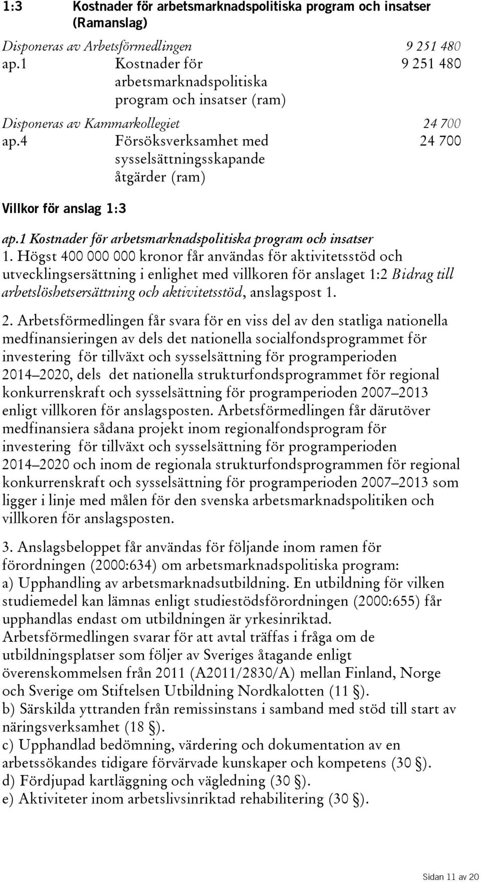 4 Försöksverksamhet med sysselsättningsskapande åtgärder(ram) 24700 Villkor för anslag 1:3 ap.1 Kostnader för arbetsmarknadspolitiska program och insatser 1.