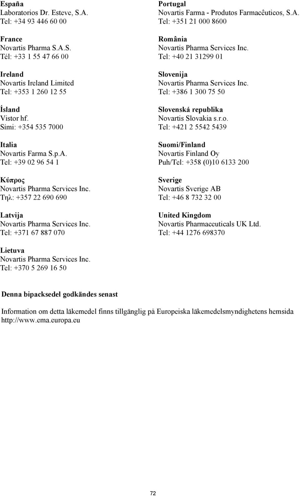 r.o. Tel: +421 2 5542 5439 Suomi/Finland Novartis Finland Oy Puh/Tel: +358 (0)10 6133 200 Sverige Novartis Sverige AB Tel: +46 8 732 32 00 United Kingdom Novartis Pharmaceuticals UK Ltd.