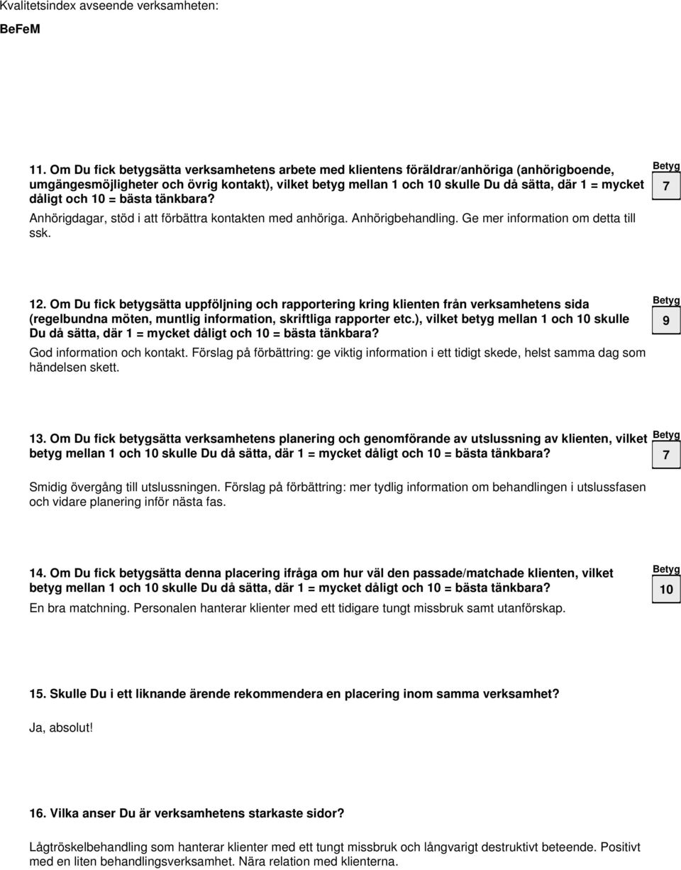 Om Du fick betygsätta uppföljning och rapportering kring klienten från verksamhetens sida (regelbundna möten, muntlig information, skriftliga rapporter etc.