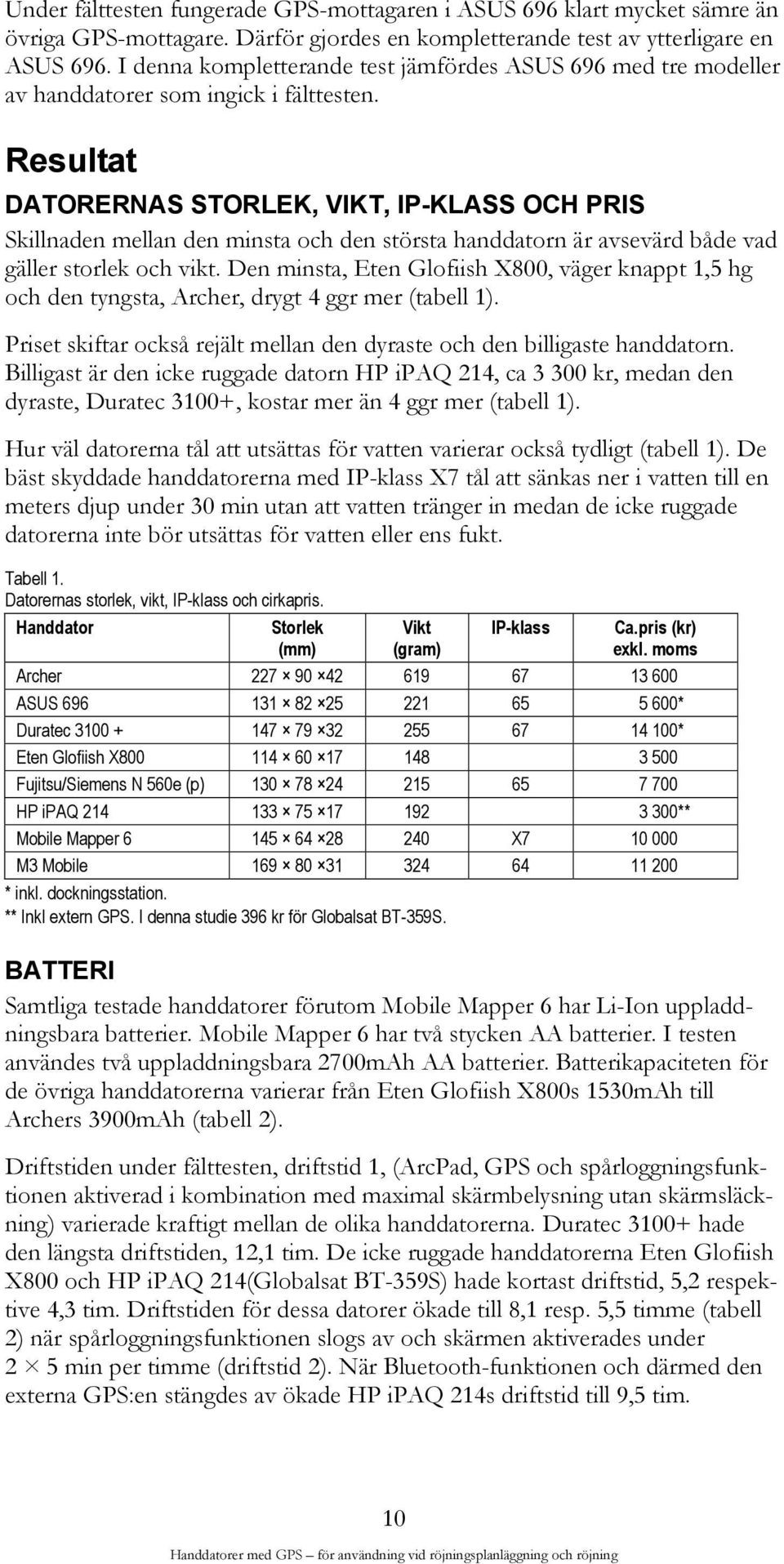 Resultat DATORERNAS STORLEK, VIKT, IP-KLASS OCH PRIS Skillnaden mellan den minsta och den största handdatorn är avsevärd både vad gäller storlek och vikt.