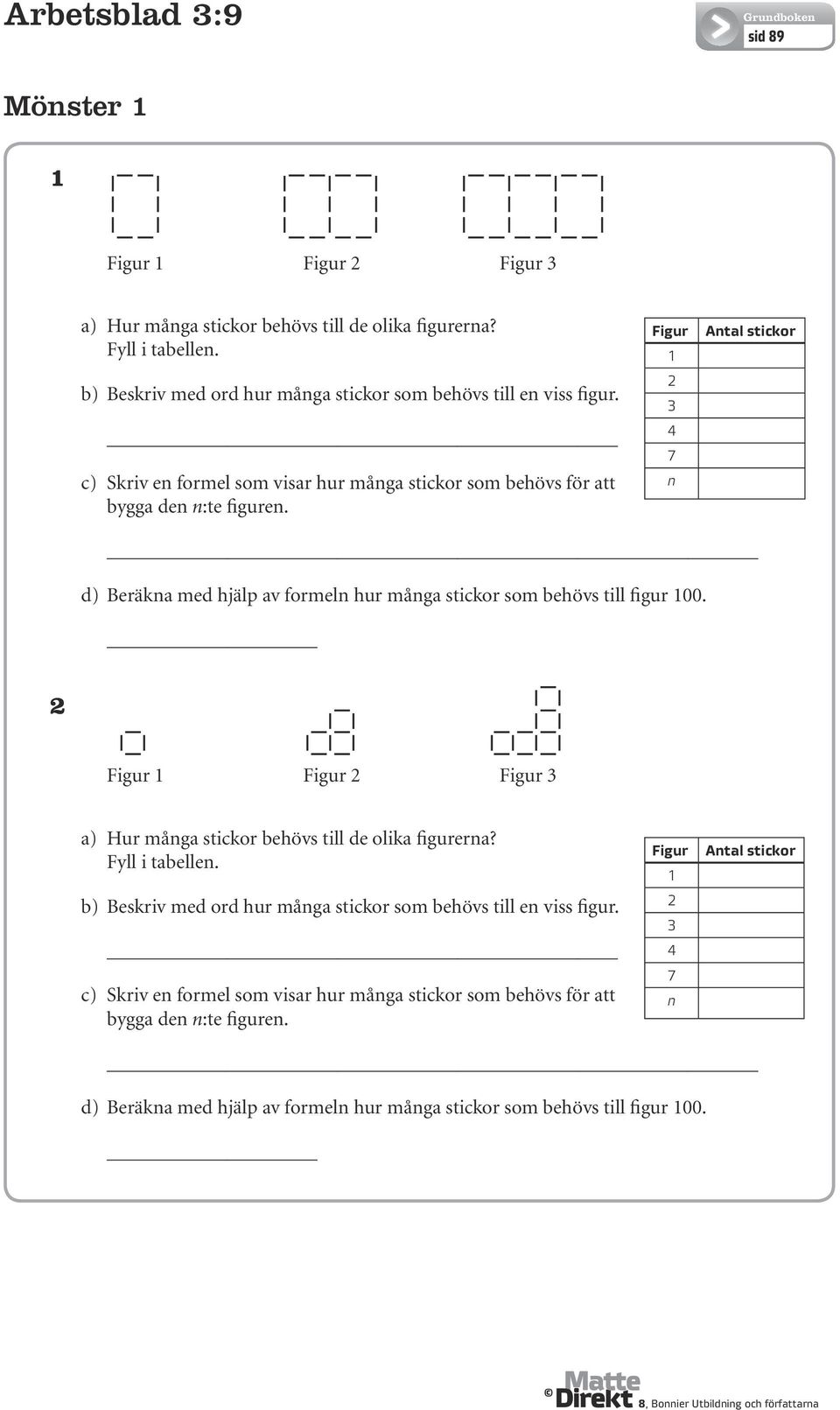 Figur 1 2 7 n Antal stickor d) Beräkna med hjälp av formeln hur många stickor som behövs till figur 100. 2 Figur 1 Figur 2 Figur a) Hur många stickor behövs till de olika figurerna?