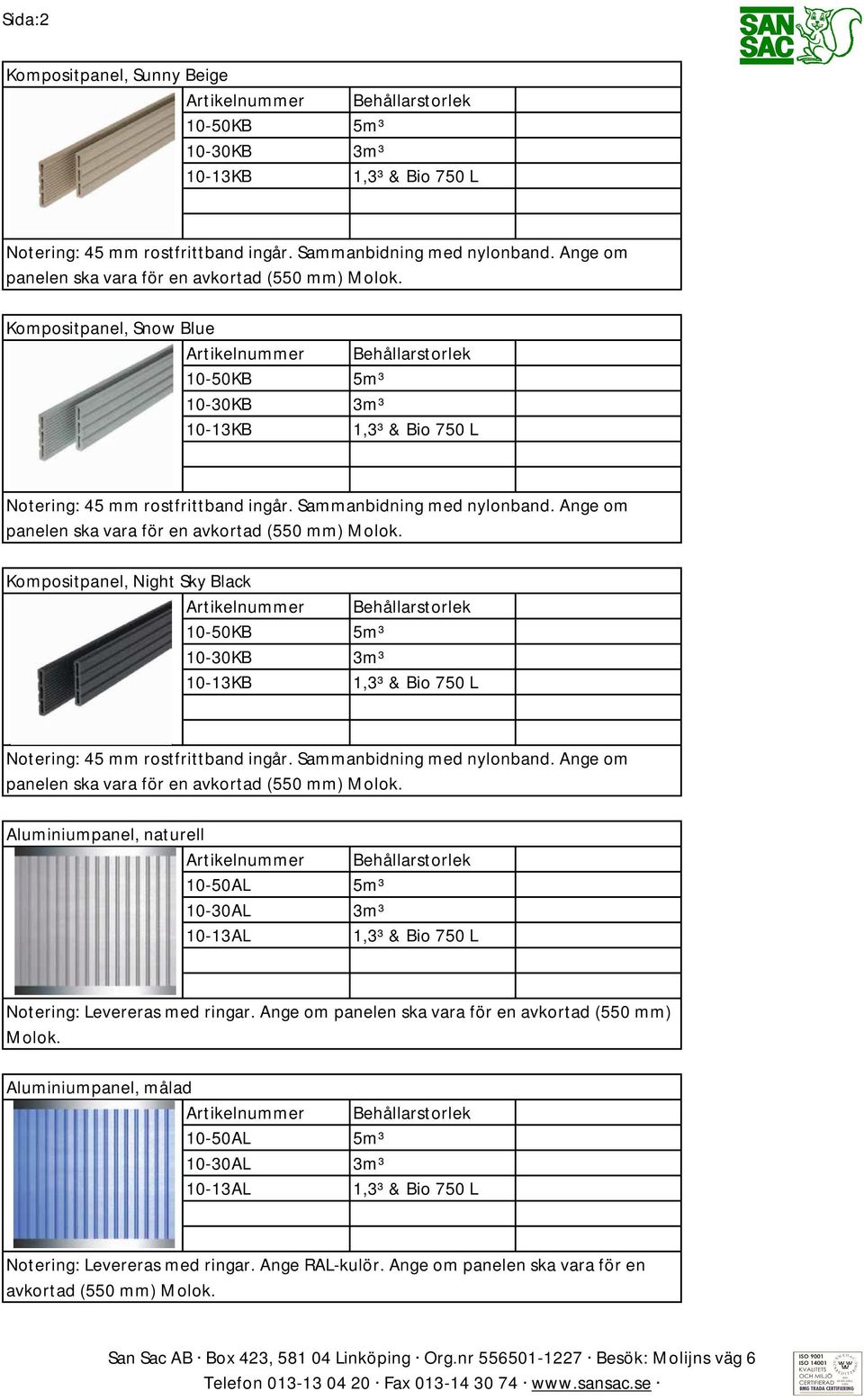 Kompositpanel, Night Sky Black 10-50KB 5m³ 10-30KB 3m³ 10-13KB Notering: 45 mm rostfrittband ingår. Sammanbidning med nylonband. Ange om panelen ska vara för en avkortad (550 mm) Molok.