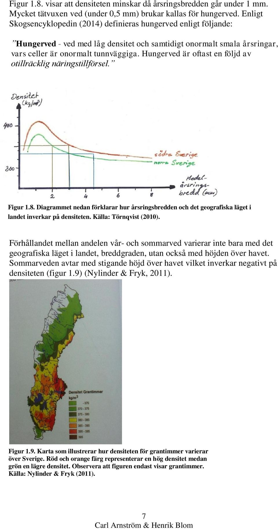 Hungerved är oftast en följd av otillräcklig näringstillförsel. Figur 1.8. Diagrammet nedan förklarar hur årsringsbredden och det geografiska läget i landet inverkar på densiteten.