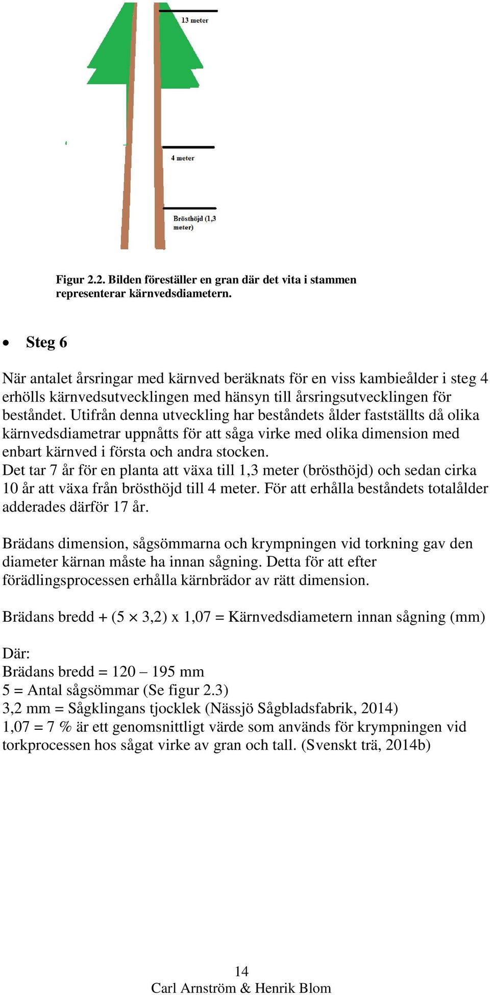 Utifrån denna utveckling har beståndets ålder fastställts då olika kärnvedsdiametrar uppnåtts för att såga virke med olika dimension med enbart kärnved i första och andra stocken.