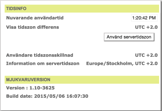 Sida 8 av 22 Menyn Konto Visar information om tidsinställningen och om mjukvara versionen.