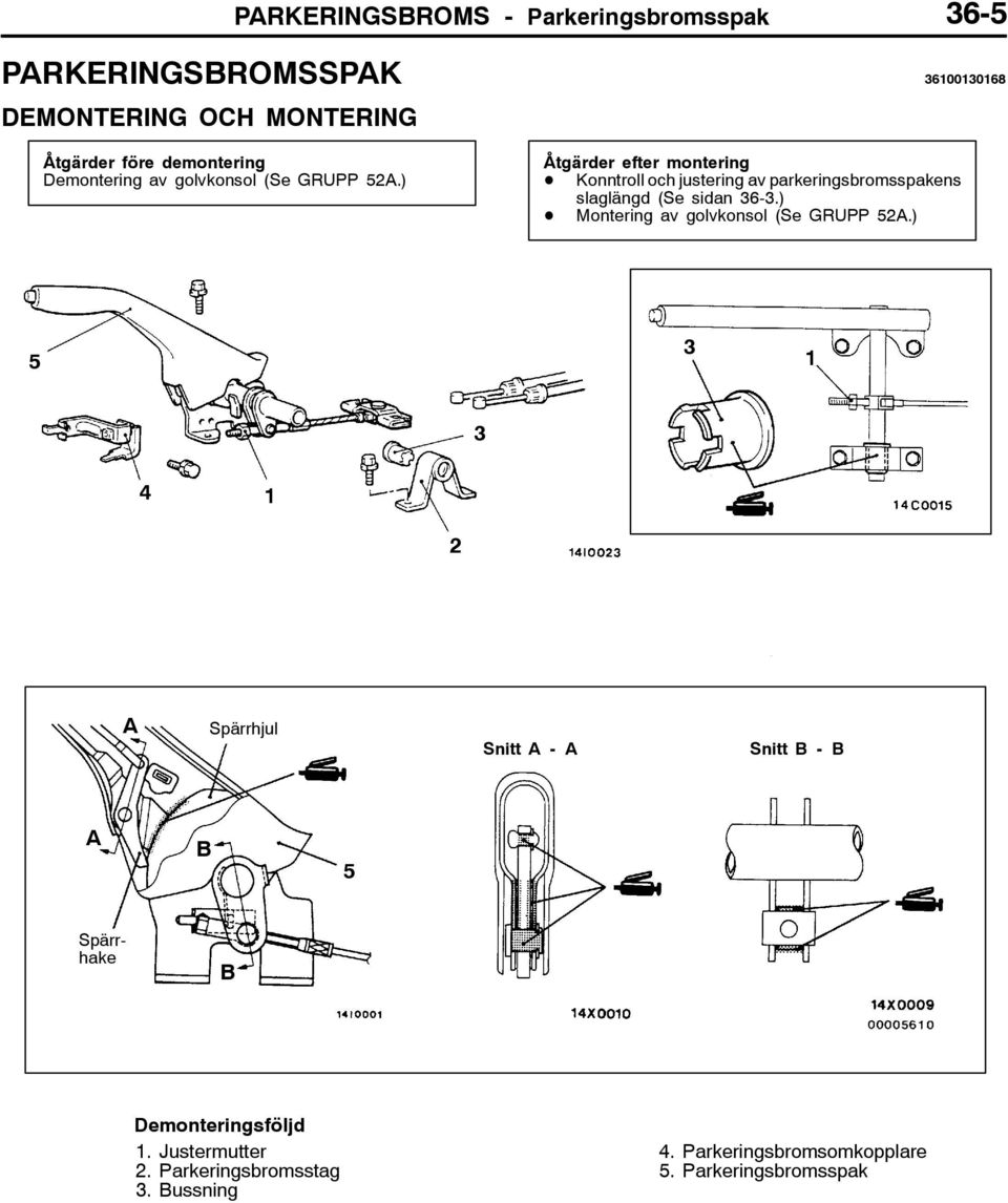 ) Åtgärder efter montering D Konntroll och justering av parkeringsbromsspakens slaglängd (Se sidan 36-3.