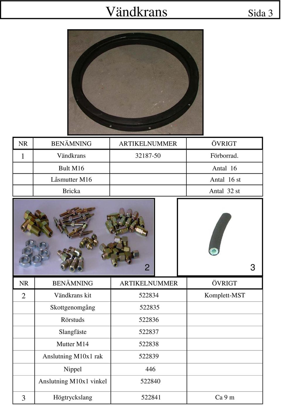 kit 522834 Komplett-MST Skottgenomgång 522835 Rörstuds 522836 Slangfäste 522837