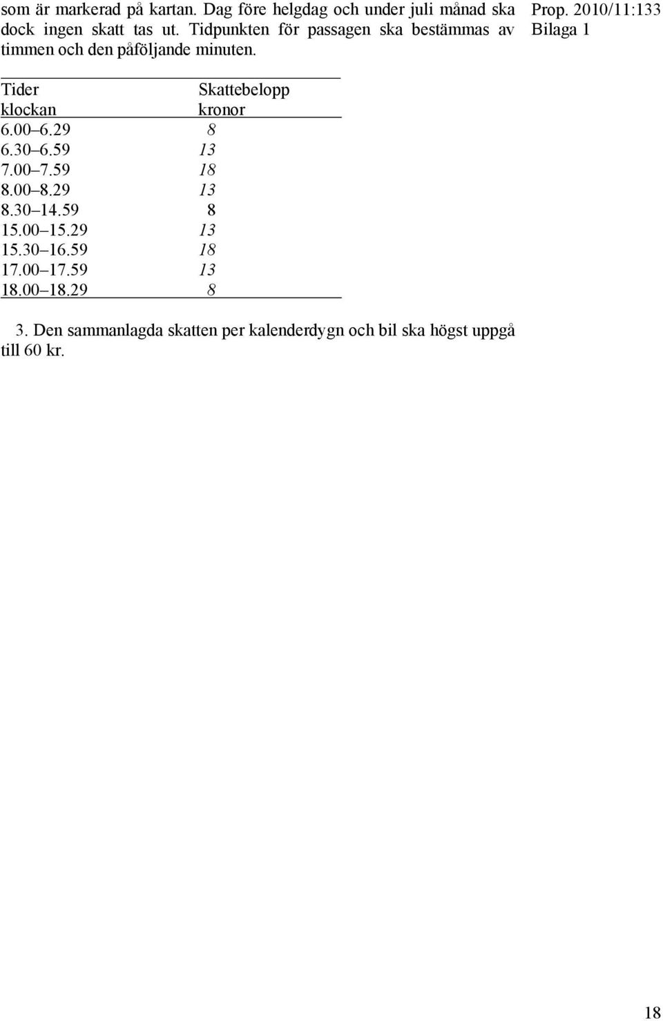 Tider Skattebelopp klockan kronor 6.00 6.29 8 6.30 6.59 13 7.00 7.59 18 8.00 8.29 13 8.30 14.59 8 15.