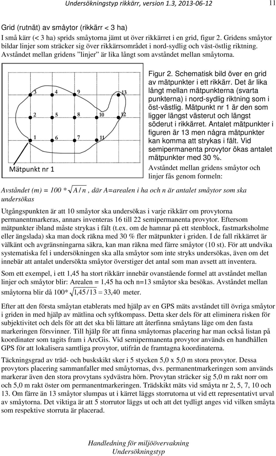 Avståndet (m) = 100 * undersökas A / n Figur 2. Schematisk bild över en grid av mätpunkter i ett rikkärr.