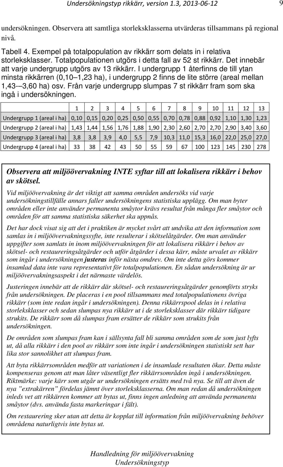 I undergrupp 1 återfinns de till ytan minsta rikkärren (0,10 1,23 ha), i undergrupp 2 finns de lite större (areal mellan 1,43-3,60 ha) osv.