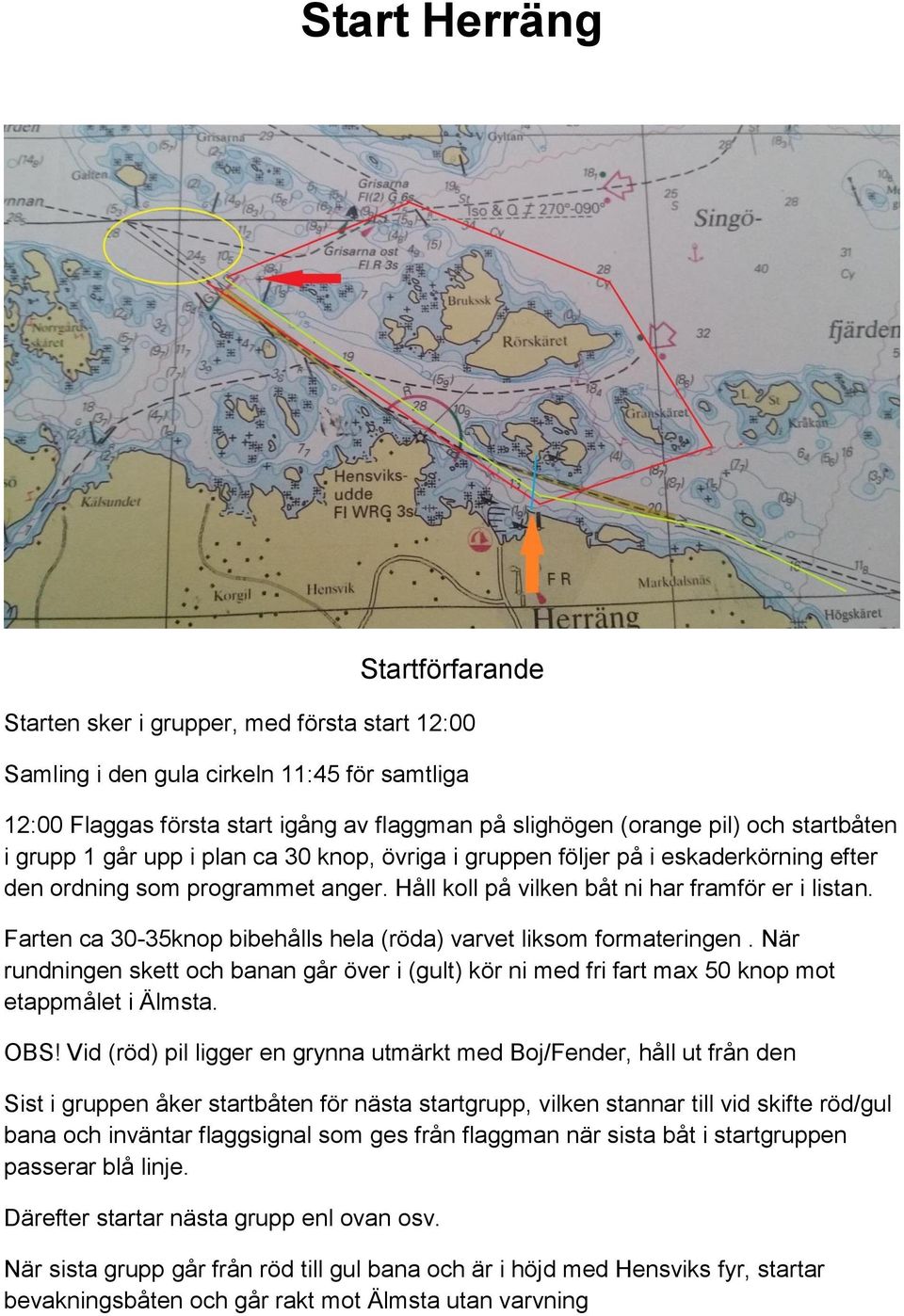 Farten ca 30-35knop bibehålls hela (röda) varvet liksom formateringen. När rundningen skett och banan går över i (gult) kör ni med fri fart max 50 knop mot etappmålet i Älmsta. OBS!