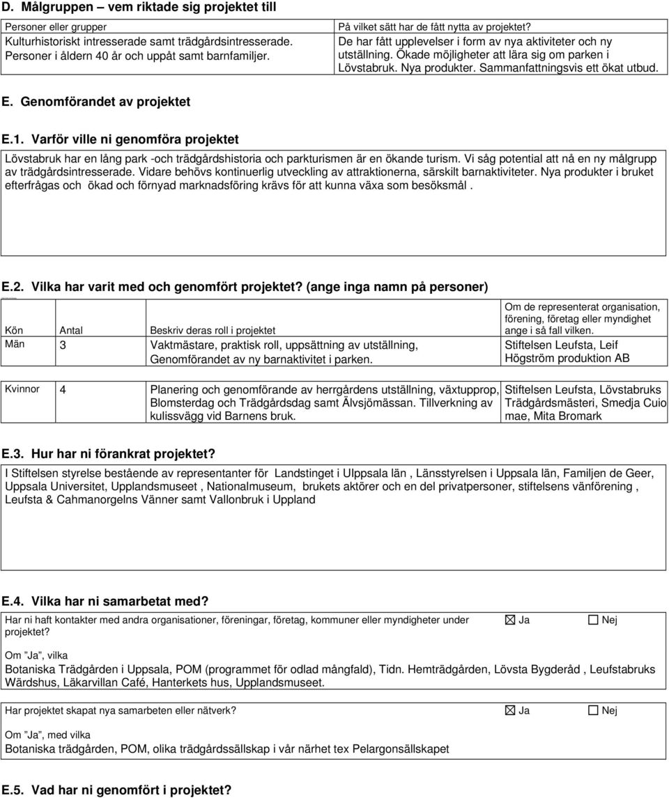 Ökade möjligheter att lära sig om parken i Lövstabruk. Nya produkter. Sammanfattningsvis ett ökat utbud. E. Genomförandet av projektet E.1.