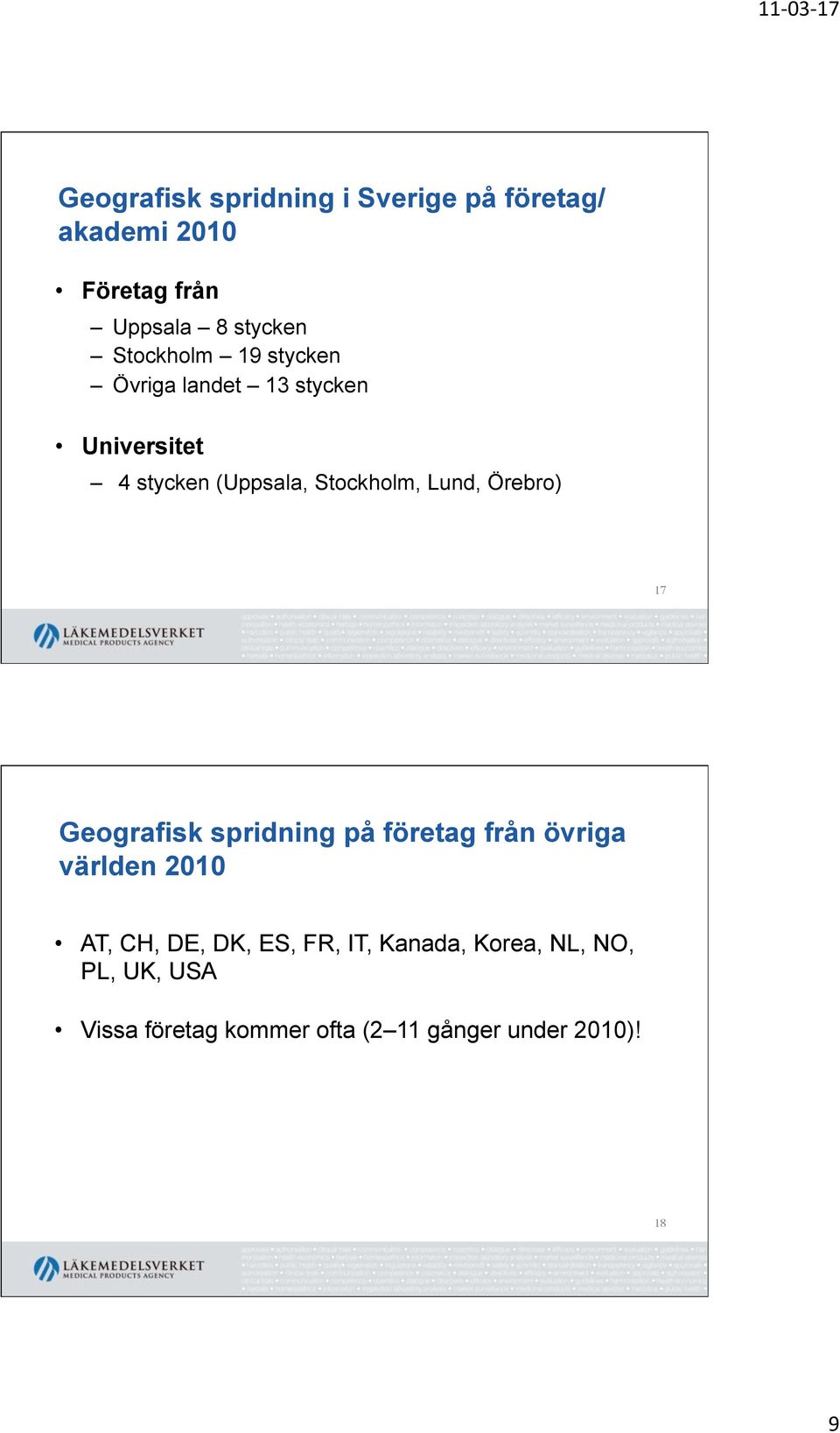 Lund, Örebro) 17 Geografisk spridning på företag från övriga världen 2010 AT, CH, DE, DK,