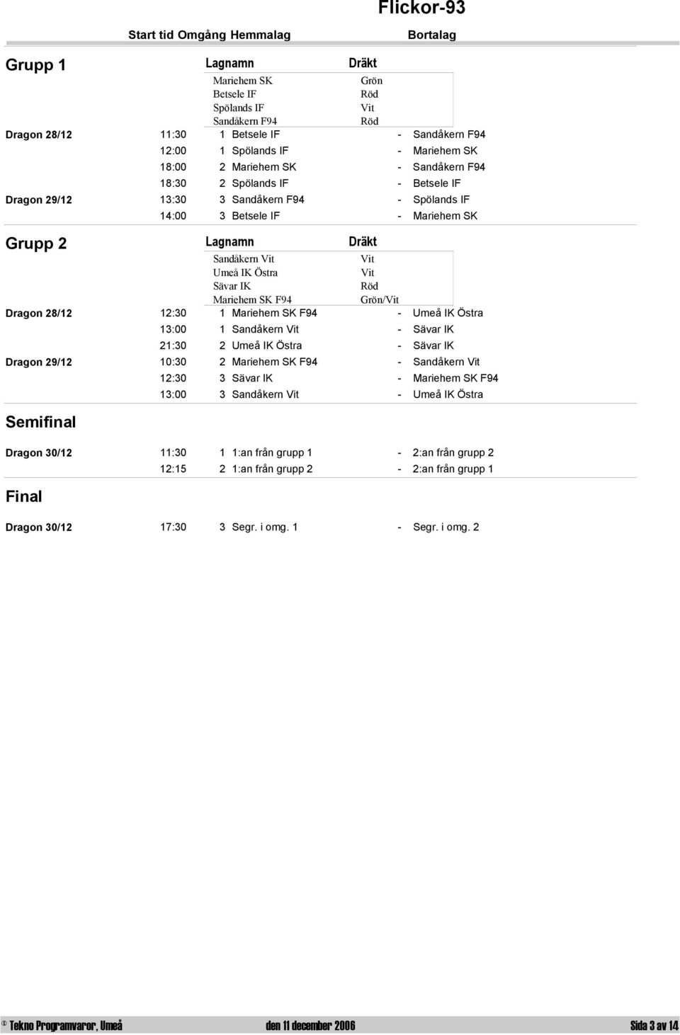 Grön/ 12:30 1 Mariehem SK F94 - Umeå IK Östra 13:00 1 Sandåkern - Sävar IK 21:30 2 Umeå IK Östra - Sävar IK 10:30 2 Mariehem SK F94 - Sandåkern 12:30 3 Sävar IK - Mariehem SK