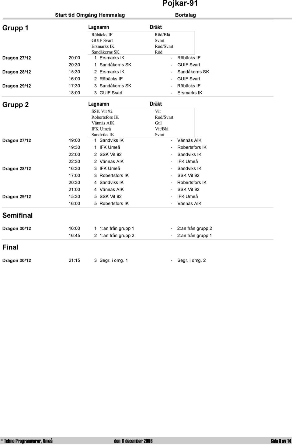 Umeå - Robertsfors IK 22:00 2 SSK 92 - Sandviks IK 22:30 2 Vännäs AIK - IFK Umeå 16:30 3 IFK Umeå - Sandviks IK 17:00 3 Robertsfors IK - SSK 92 20:30 4 Sandviks IK - Robertsfors IK 21:00 4 Vännäs AIK