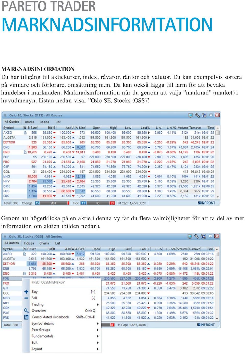 Marknadsinformation når du genom att välja marknad (market) i huvudmenyn. Listan nedan visar Oslo SE, Stocks (OSS).