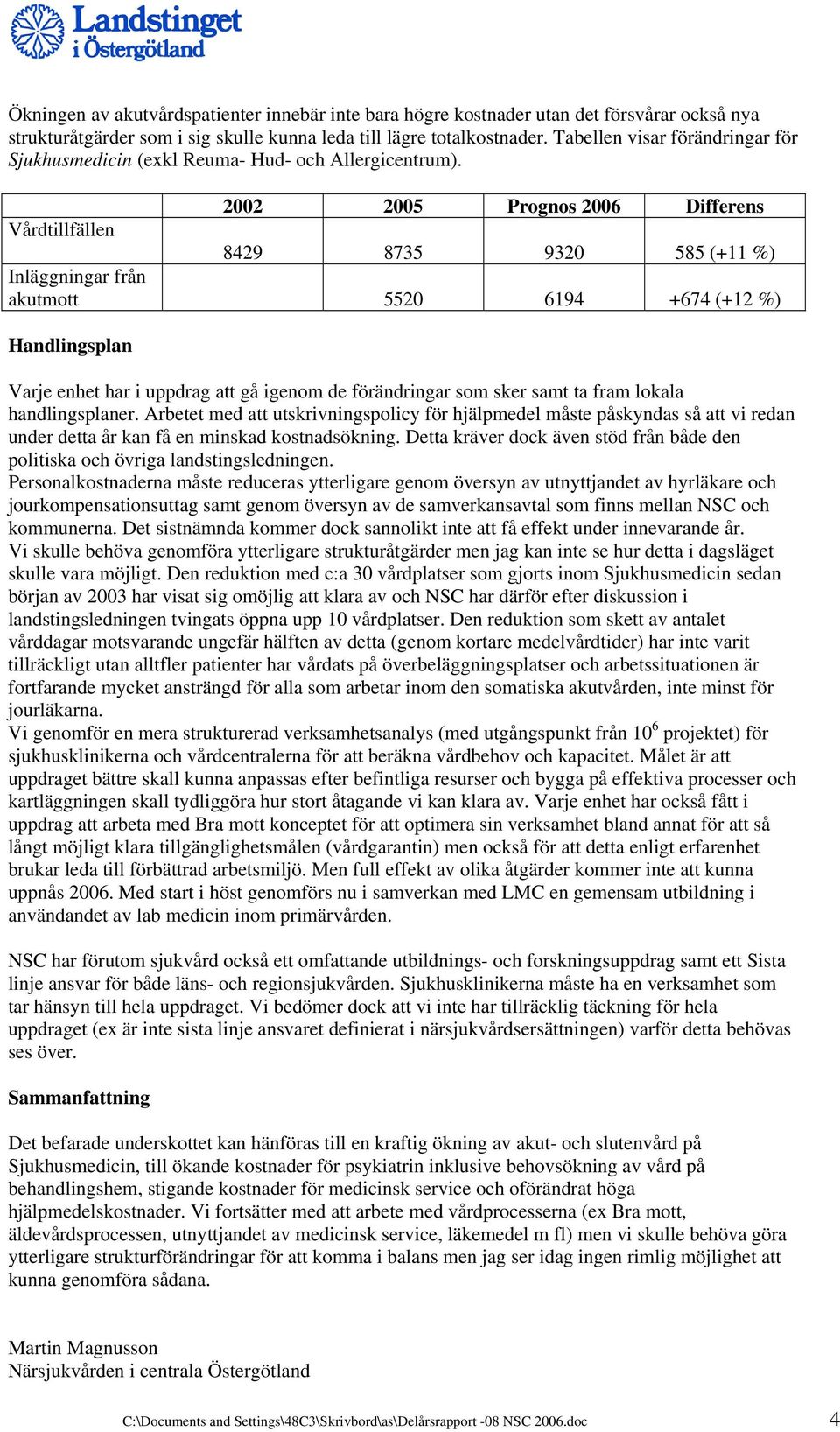 2002 2005 Prognos 2006 Differens Vårdtillfällen 8429 8735 9320 585 (+11 %) Inläggningar från akutmott 5520 6194 +674 (+12 %) Handlingsplan Varje enhet har i uppdrag att gå igenom de förändringar som