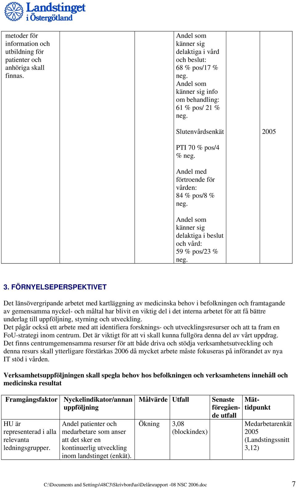 Andel som känner sig delaktiga i beslut och vård: 59 % pos/23 % neg. 3.