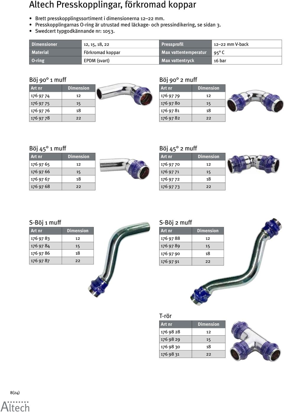 er 12, 15, 18, 22 Pressprofil 12 22 mm V-back Material Förkromad koppar Max vattentemperatur 95 C O-ring EPDM (svart) Max vattentryck 16 bar Böj 90 1 muff 176 97 74 12 176 97 75 15 176 97 76 18 176